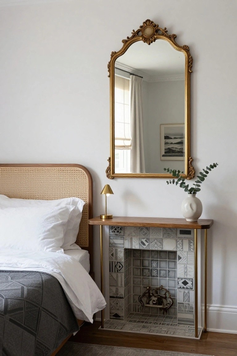 Bedroom corner with rattan bed headboard and white bedding, tall leaning gold ornate arched mirror, brass-legged wood table holding tiled fireplace insert, gold lamp, white vase with eucalyptus, next to white wall and wood floor.