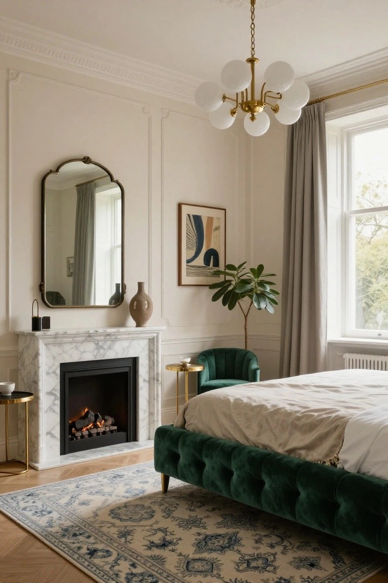 Bedroom interior with green velvet tufted bed next to marble fireplace, arched brass mirror on wall, potted plant, and gray curtains at window.