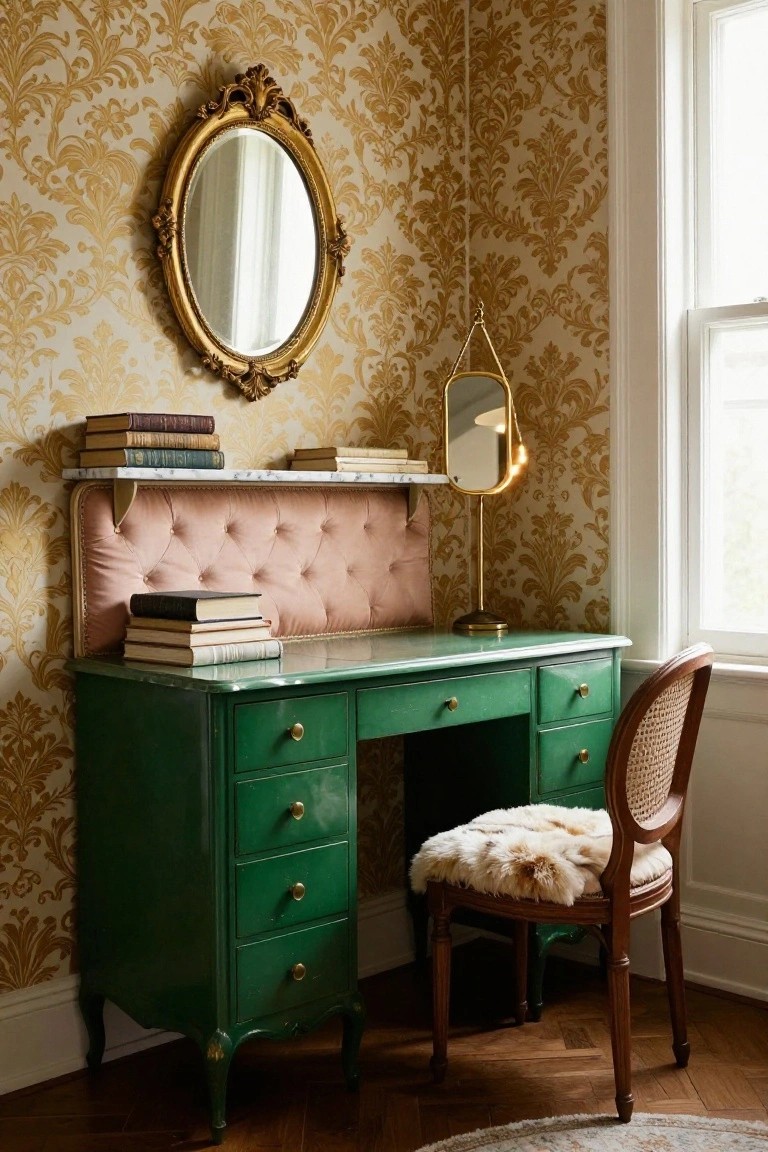 Corner of an ornate room with gold floral wallpaper showing a green desk topped with books, pink tufted backrest, shelves of books, two gold mirrors, and a rattan chair with sheepskin cushion.