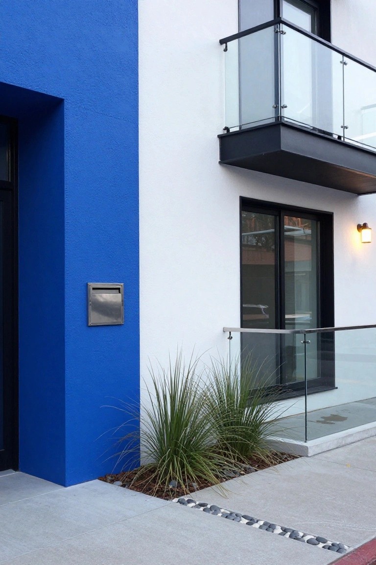 Modern house exterior with vivid blue left wall next to white facade, black entry door, stainless steel mailbox, glass balcony railing, and low grasses in front of concrete path.