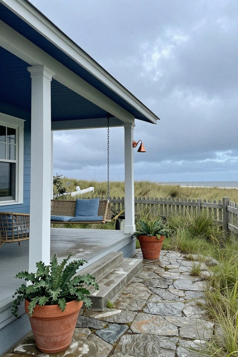 Blue clapboard house exterior with white columns supporting a covered porch, featuring a hanging rattan swing with blue cushions, terracotta potted plants, stone path, and view of beach dunes and ocean under cloudy sky.