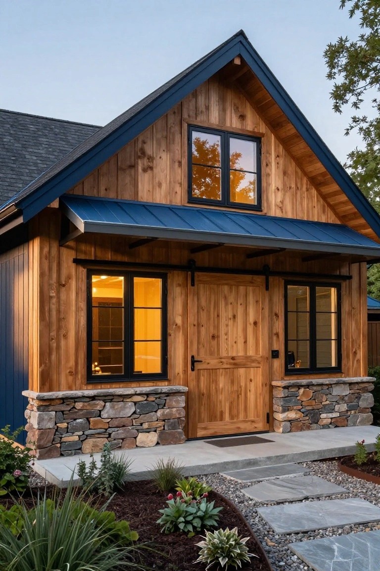 Front view of a small gabled house with vertical cedar wood siding, navy blue metal roof and porch overhang, black-framed windows, wooden sliding barn door, stone foundation, concrete porch, and gravel path with plants.