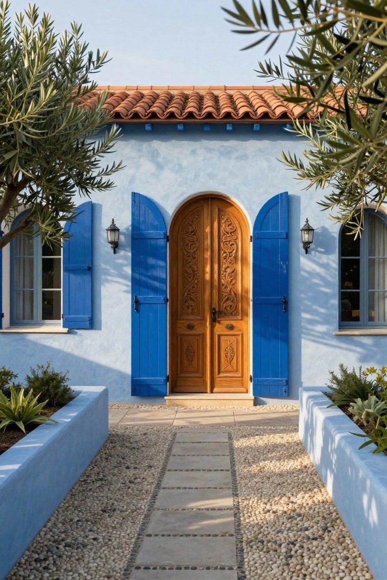 Light blue stucco house exterior with terracotta tile roof, arched double wooden doors with carvings, blue shutters on arched windows, olive trees, lantern lights, gravel path, and raised planters with succulents.
