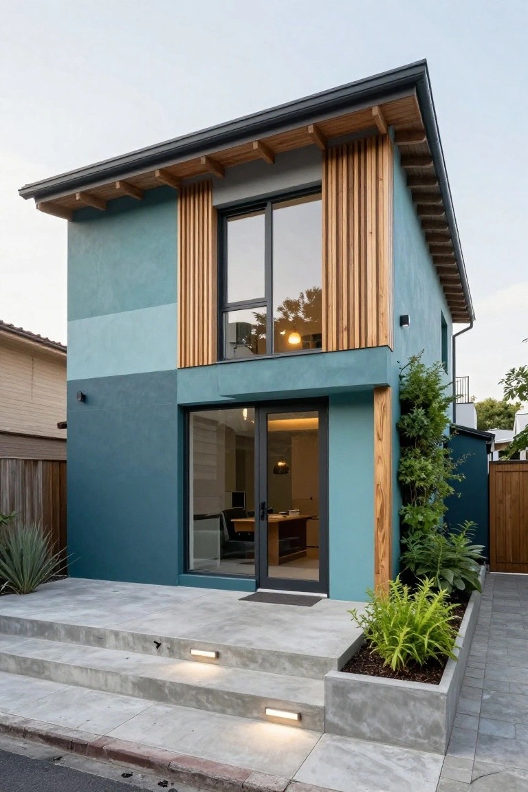 A modern single-story house with teal blue stucco walls, vertical wooden slats on the right side, large glass windows, black front door, concrete steps, and potted plants at the base.