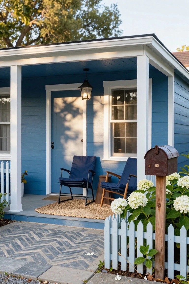 Blue cottage porch with two chairs, lantern, mailbox, and white flowers.