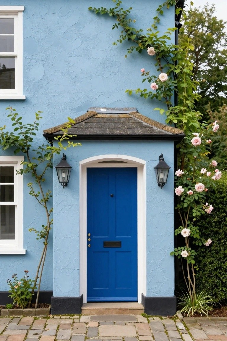 Pale blue stucco house facade featuring a deep blue wooden front door in white arched trim, flanked by black lanterns and climbing pink rose vines on both sides, with white-framed windows and cobblestone path in front.