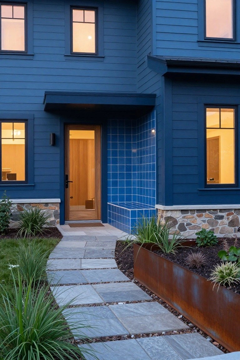 Modern house exterior with deep blue horizontal siding, light wooden front door, blue tile accent wall beside the entry, lit windows, stone foundation, metal-edged planting beds, grasses, and gray stone pathway leading to the door.