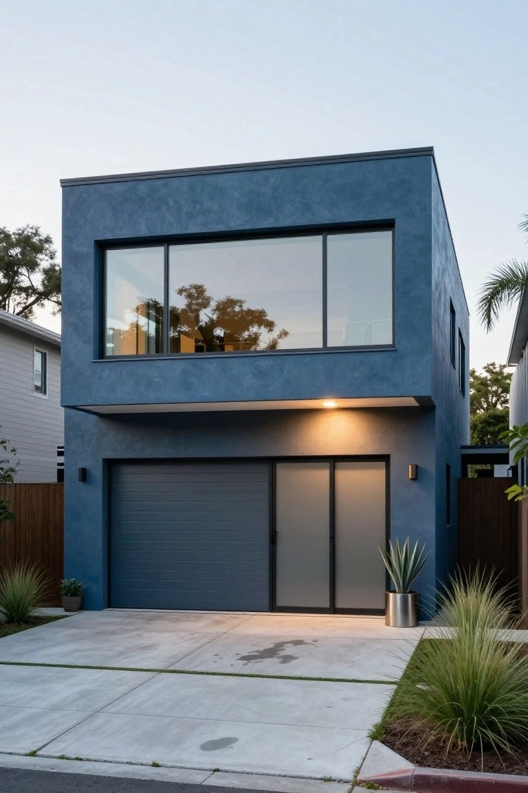 Modern boxy two-story house with deep blue stucco exterior, large horizontal window on upper level, gray sectional garage door, frosted glass entry door, concrete driveway, and sparse front landscaping with agave and grasses at dusk.