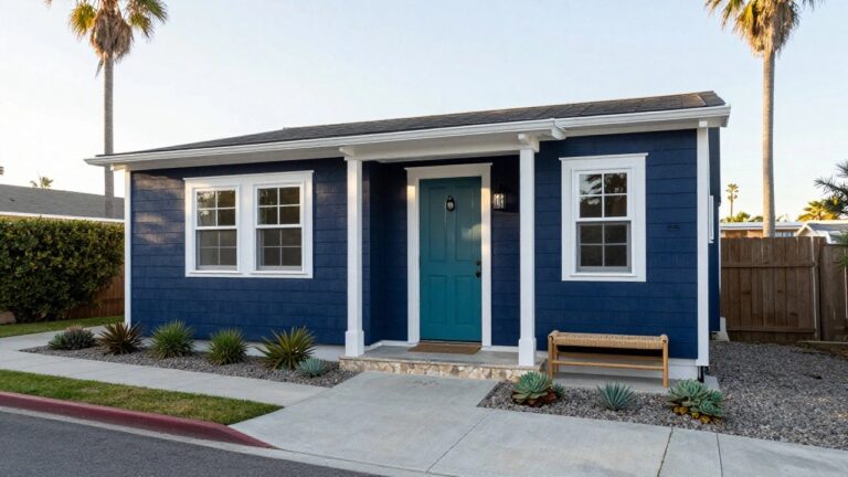 16 Modern House Exterior Blue Ideas That Stand Out Front view of a small house with navy blue shingle siding, white trim and porch columns, teal paneled front door with brass knob, wall lantern, bamboo bench, succulent plants, and concrete pathway.