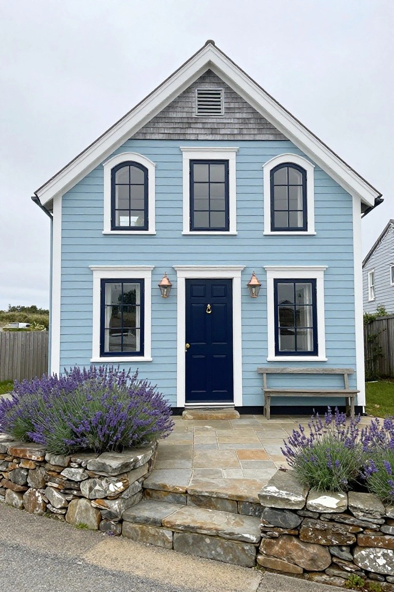Light blue clapboard house with white trim, three multipane windows, navy front door with lanterns, flanked by lavender bushes in stone-edged beds and stone steps leading to a bench.
