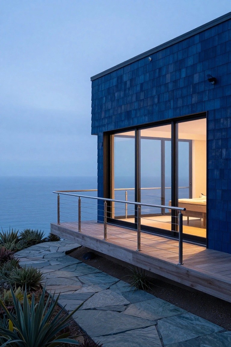 Corner of a modern house clad in dark blue shingles with large black-framed sliding glass doors opening to a wooden deck balcony overlooking the ocean, stainless steel railing, stone path, and agave plants at the base.