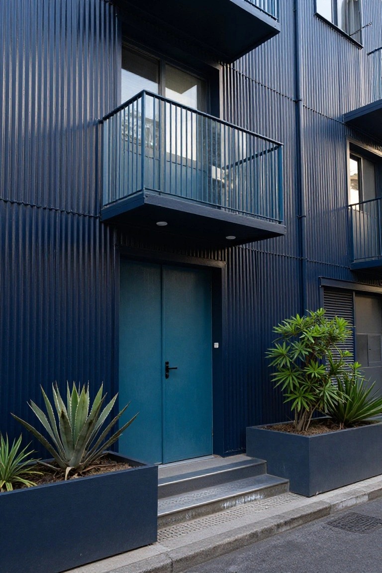 Modern house exterior with navy blue corrugated metal siding, a matching blue double front door, metal balcony railing above, steps leading up, and potted succulents in blue planters beside the entrance.