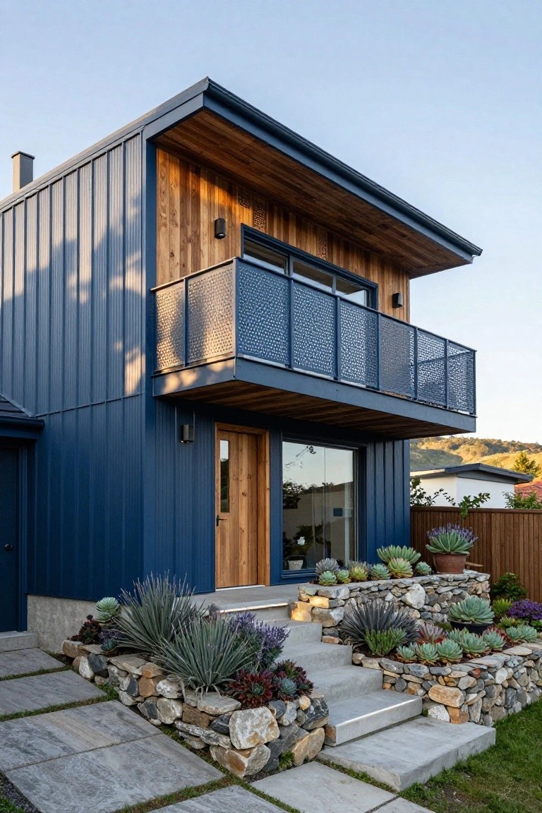 Two-story modern house with navy blue corrugated metal siding, wooden cladding on overhang and balcony with perforated metal railing, glass windows, wooden front door, concrete steps, and rock-edged succulent garden at the entry.
