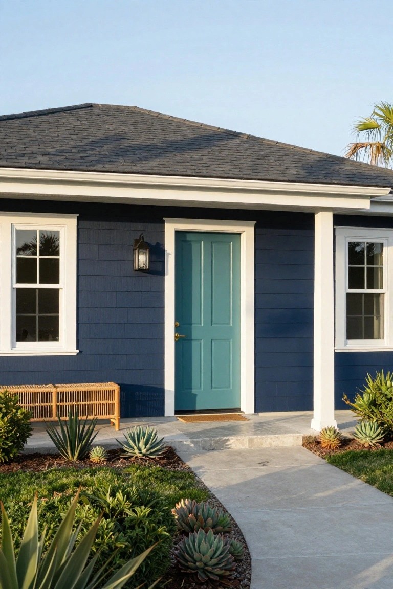 Front view of a small house with navy blue shingle siding, white trim and porch columns, teal paneled front door with brass knob, wall lantern, bamboo bench, succulent plants, and concrete pathway.