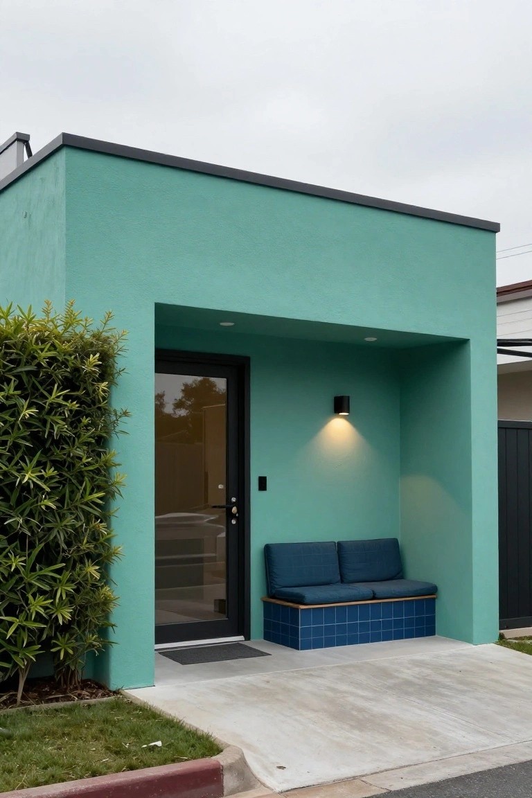 Teal stucco house exterior with recessed entry, black-framed glass door, built-in blue-tiled bench, wall light, bamboo hedge, and concrete path.