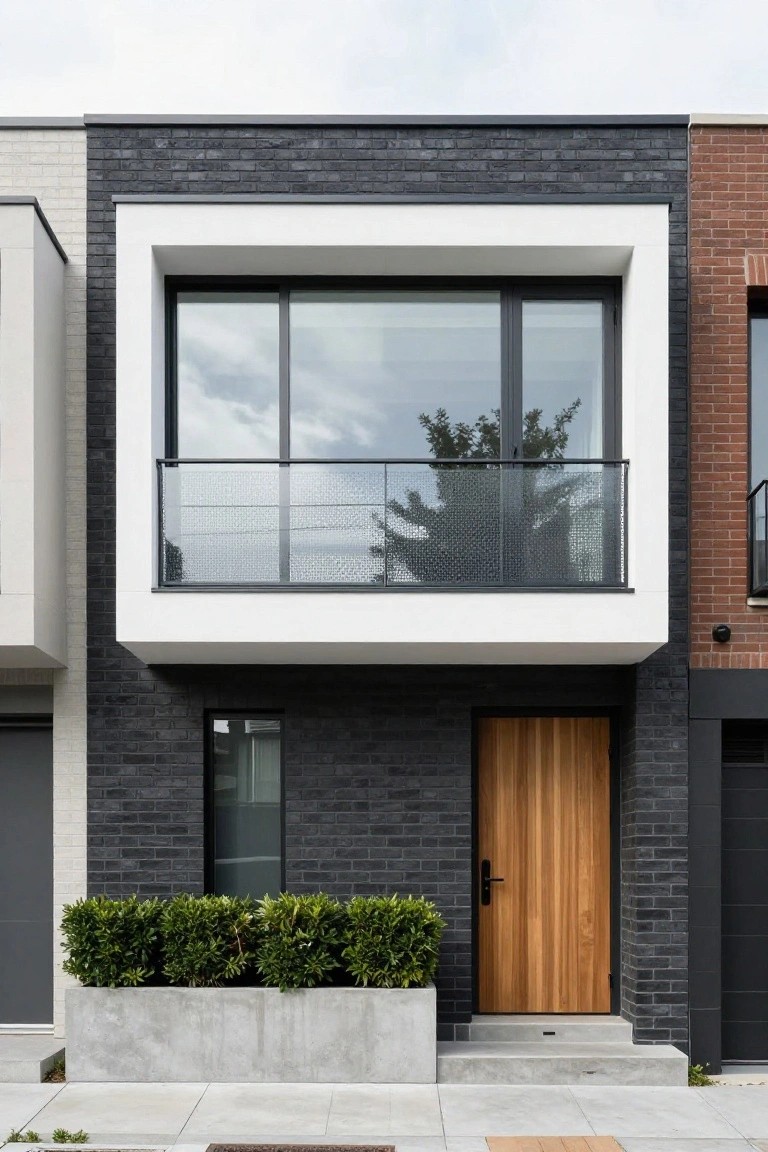 Two-story modern house exterior with black brick walls, white rectangular frame around a large upper window and glass balcony, wooden front door, gray garage door, boxwood shrubs in concrete planter, and concrete steps on a paved street.