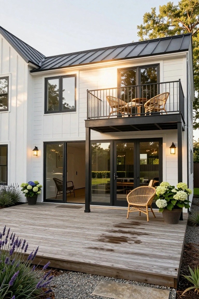 Two-story house exterior with white board-and-batten siding, black standing-seam metal roof, black-framed windows and sliding doors, metal balcony with wicker chairs, wooden deck with potted hydrangeas and lavender plants, and gravel landscaping.