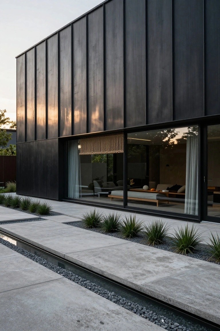 Two-story modern house exterior with black vertical cladding, large floor-to-ceiling glass sliding doors showing a living room inside, concrete pathway edged with gravel channel and low agave plants, viewed from the side at sunset.