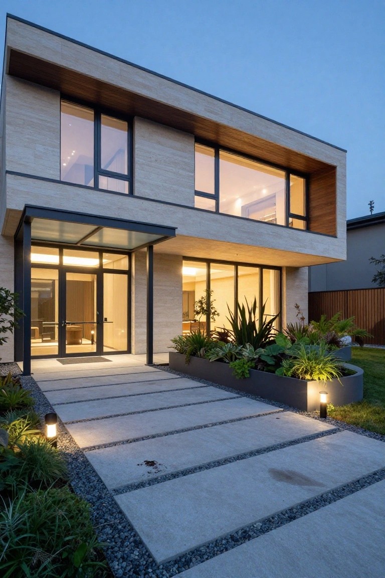 Two-story modern house exterior at dusk featuring beige stone cladding, large glass windows and doors, a cantilevered metal and wood entry canopy, concrete paver pathway with bollard lights, and curved planter bed with tropical plants.
