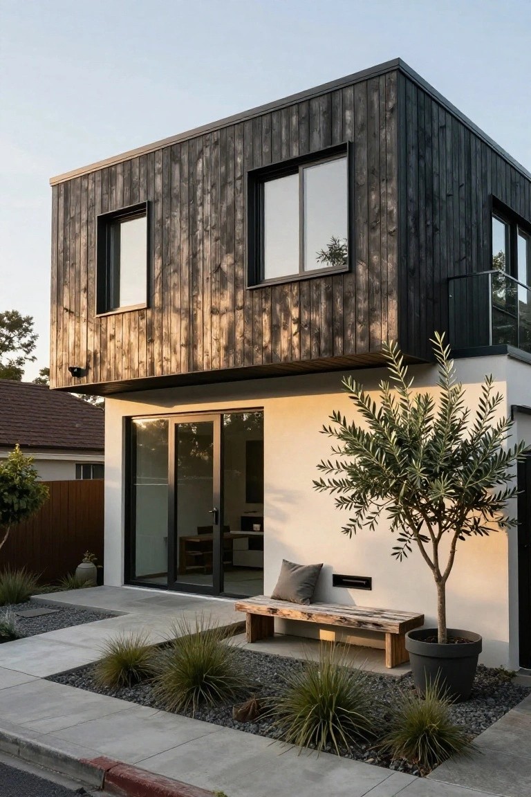 Two-story modern house exterior with black vertical charred wood cladding on the upper facade, white stucco lower walls including sliding glass doors, olive tree in pot, wooden bench, grasses and gravel landscaping along concrete pathway and sidewalk.