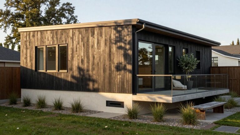 15 Modern House Exterior Double Story Homes Full of Style Two-story modern house exterior with black vertical charred wood cladding on the upper facade, white stucco lower walls including sliding glass doors, olive tree in pot, wooden bench, grasses and gravel landscaping along concrete pathway and sidewalk.