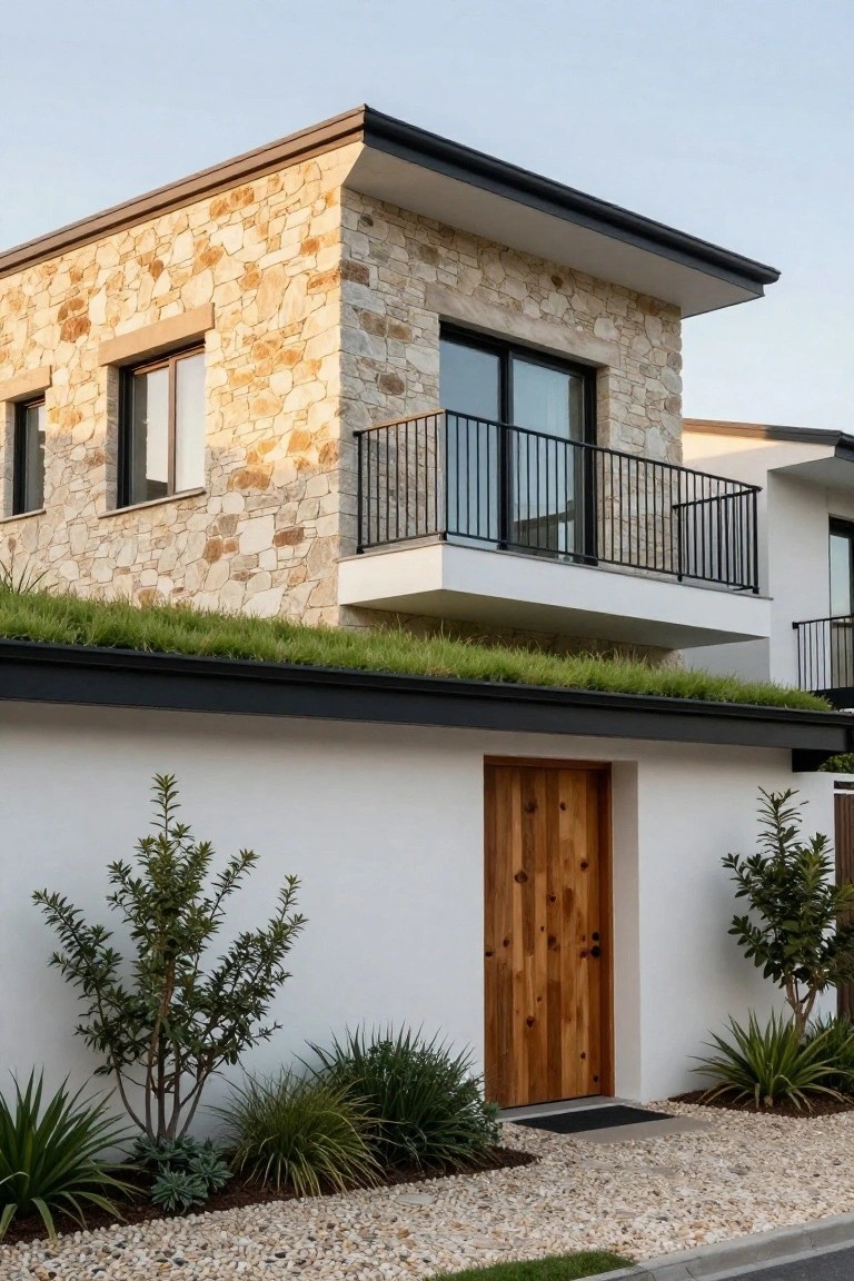 Two-story modern house exterior with beige natural stone cladding on upper walls and balcony area, green sedum roof edge, white stucco lower wall, knotted wooden front door, black metal balcony railing, potted plants, agave plants, and gravel entry path.