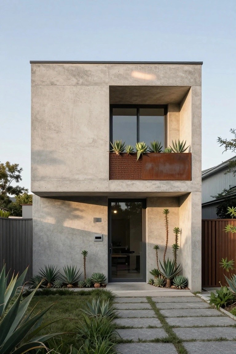Two-story modern house exterior with exposed concrete walls, a cantilevered upper level featuring a corten steel balcony planter filled with agave succulents, large potted succulents flanking the glass entry door, a concrete paver pathway, and agave plants in the front yard bordered by a metal fence.