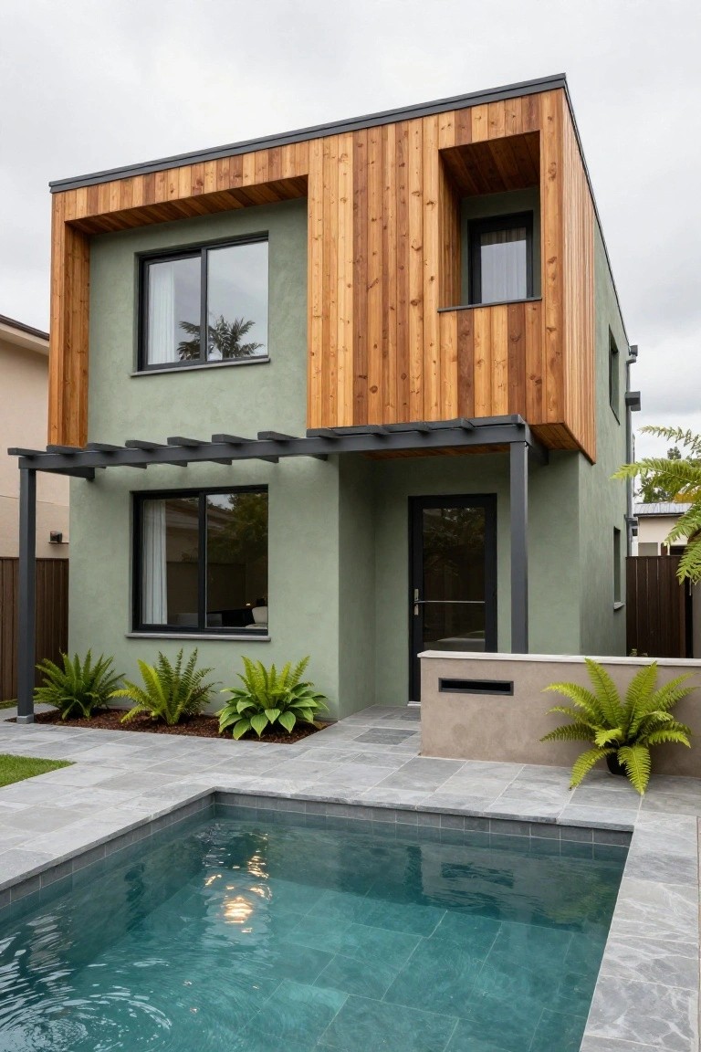 Two-story modern house exterior featuring sage green rendered walls, vertical timber cladding on upper sections and accents, black metal pergola over the entry door, potted plants, and a small turquoise-tiled pool with gray stone paving in the foreground.