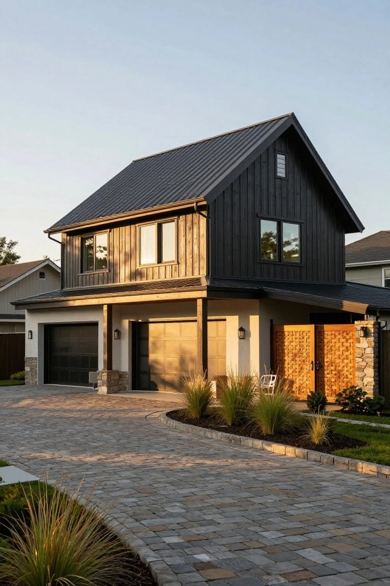 Two-story house exterior with dark vertical wood siding and black metal roof on the upper level, light stucco garage below, paver driveway curving to the entrance, stone pillars, wooden gates, and ornamental grasses along the edges.