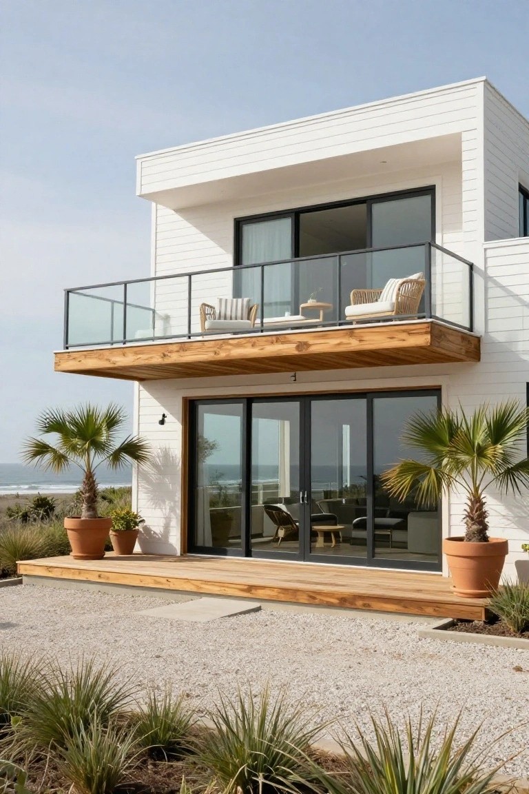 Two-story modern white shiplap house with cantilevered wood balcony and deck, large black-framed glass sliding doors, potted palm trees, gravel path, beach grass, and ocean view.