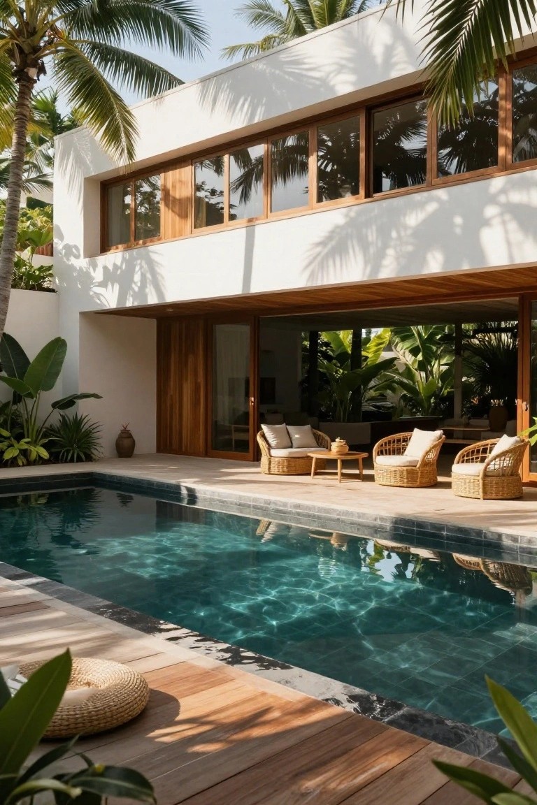 Two-story modern house with white stucco walls, wooden window frames and sliding doors, adjacent to a rectangular pool on a wooden deck with rattan chairs, surrounded by palm trees and tropical plants.