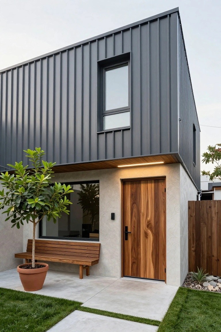 Corner view of a modern two-story house with gray corrugated metal siding on upper levels, beige stucco base, wooden front door under overhang, large adjacent window, wooden bench beside potted tree, concrete path, and surrounding grass and fence.