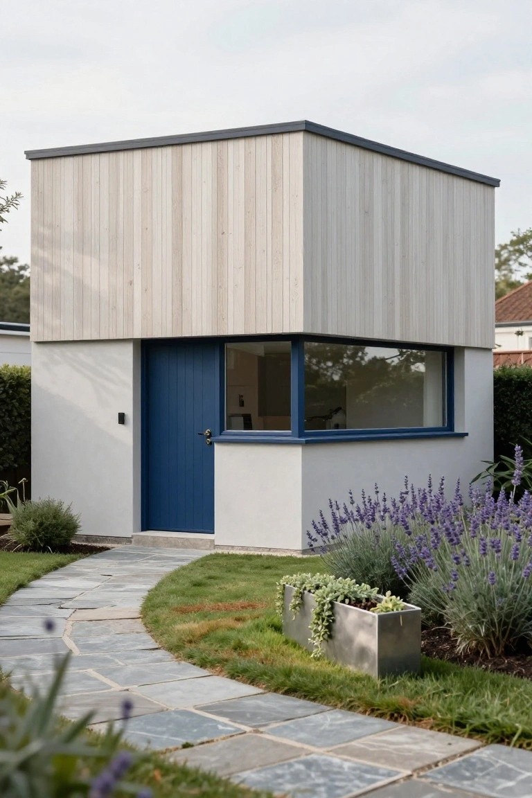 Small modern cubic building with light vertical wood cladding on three sides, white rendered wall with blue door and large corner window on the fourth side, stone path leading to the entry amid lavender plants and grass.