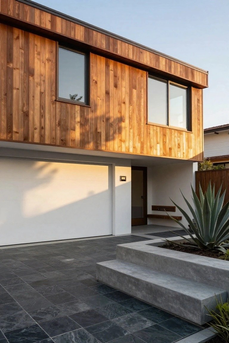 Two-story modern house exterior featuring vertical wood cladding on upper level, white garage door, concrete entry steps, black slate tile driveway, and agave plant beside steps.