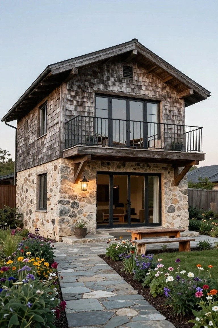 Two-story house exterior with wood shingle siding on the upper level, natural stone base on the lower level, black-framed glass balcony doors, entry with glass sliders, wooden bench, and colorful flower garden along a stone path.
