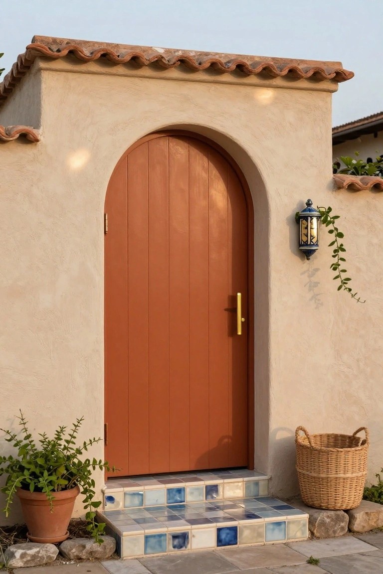 Red arched wooden front door in beige stucco wall with gold handle, blue tiled steps, wall lantern with vines, potted plant, and woven basket nearby.