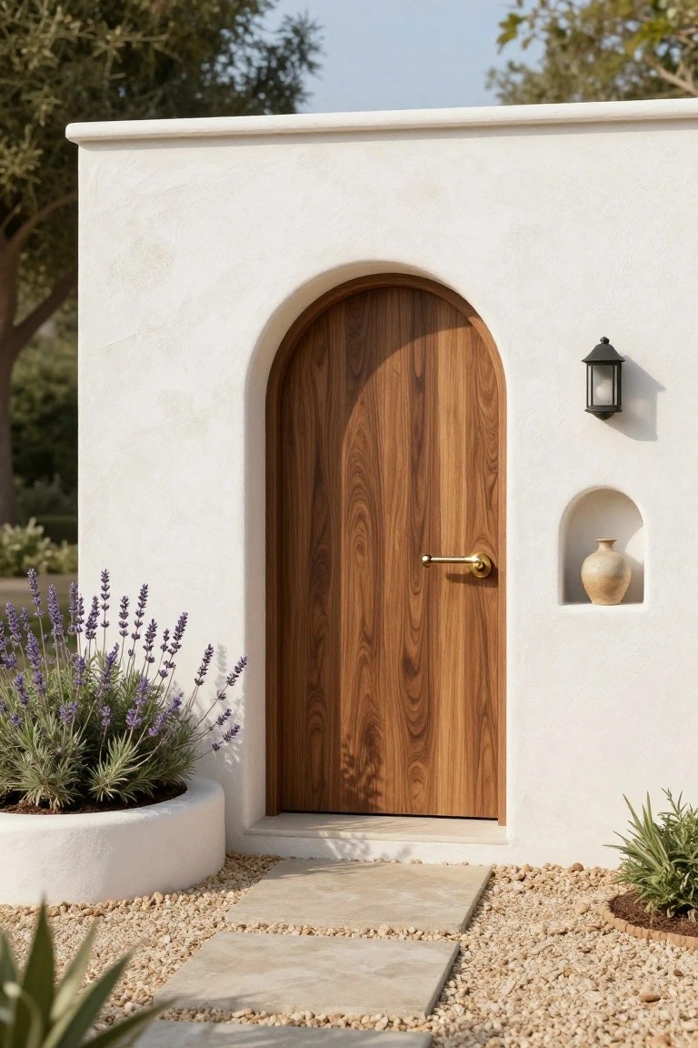 White stucco exterior wall featuring an arched brown wooden door with brass handle, wall lantern, niche holding a vase, lavender plants, and stone path leading to the entry.
