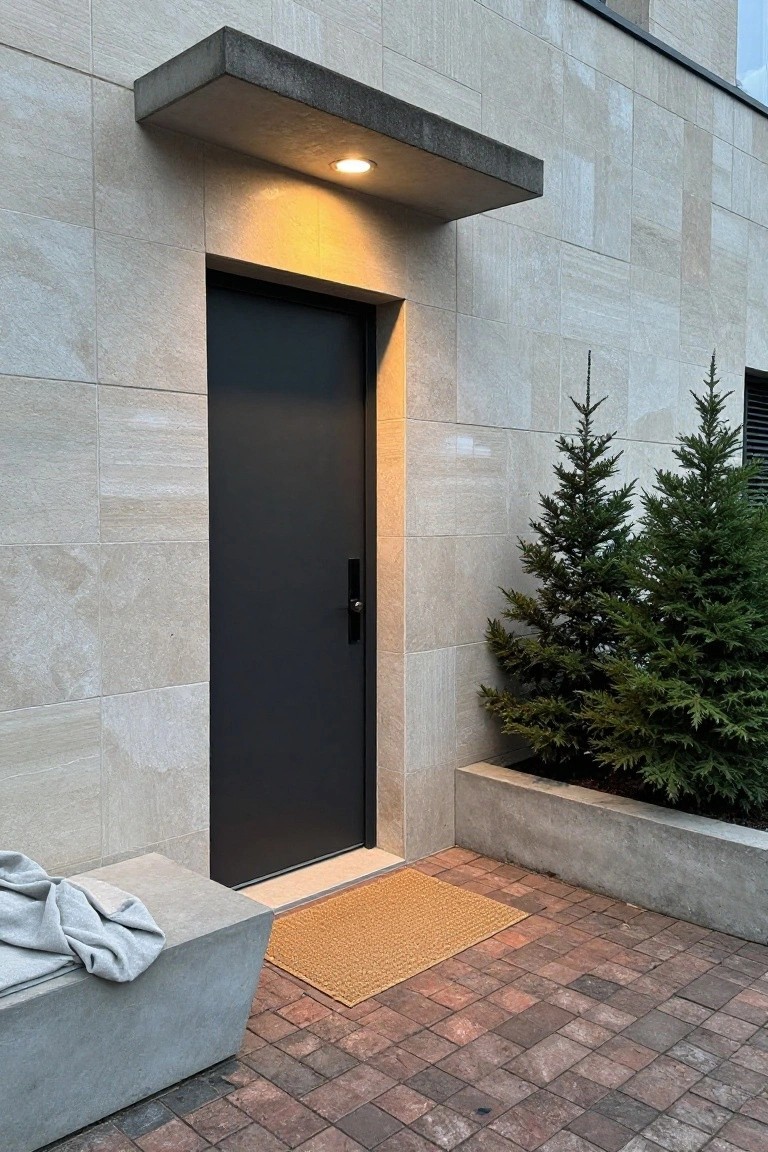 Modern house front entrance with a matte black door recessed under a cantilevered concrete canopy lit by a recessed ceiling light, flanked by beige stone walls, two small evergreen trees in a concrete planter box, a gray concrete bench with a blanket, and a tan woven doormat on brick pavers.