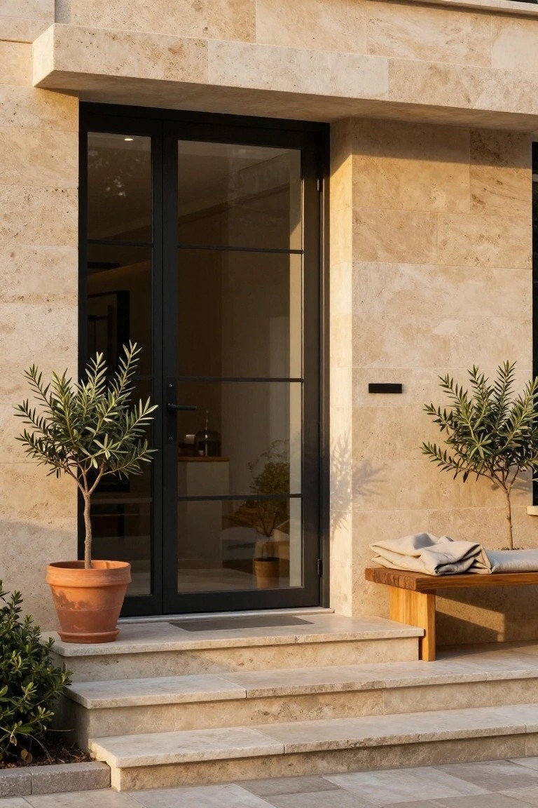 Beige stone house exterior with double black metal-framed glass doors, flanked by potted olive trees in terracotta pots, a wooden bench nearby, and light stone steps.
