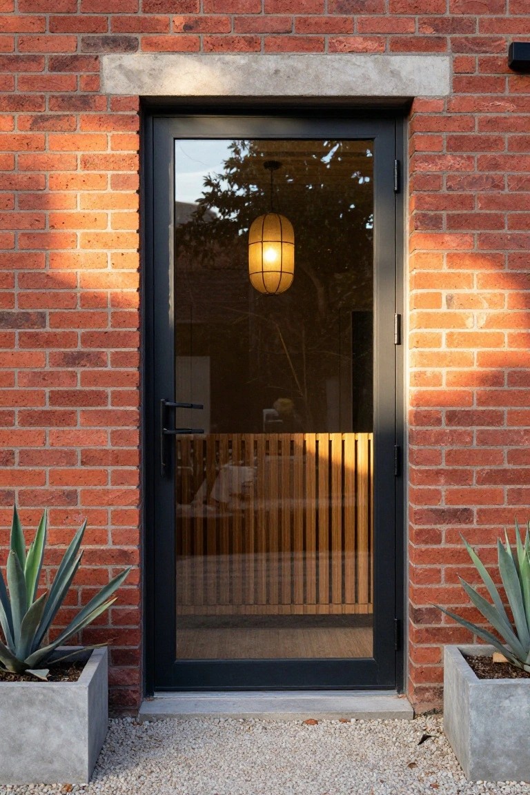 Red brick house exterior with a tall black metal-framed clear glass front door, flanked by two large potted agave plants in concrete pots on a gravel path, wooden slatted screen and hanging paper lantern visible through the glass.