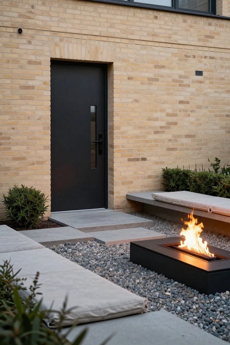 Yellow brick house exterior with arched black front door, concrete steps, gravel patio area, linear gas fire pit, cushioned benches, and low shrubs.