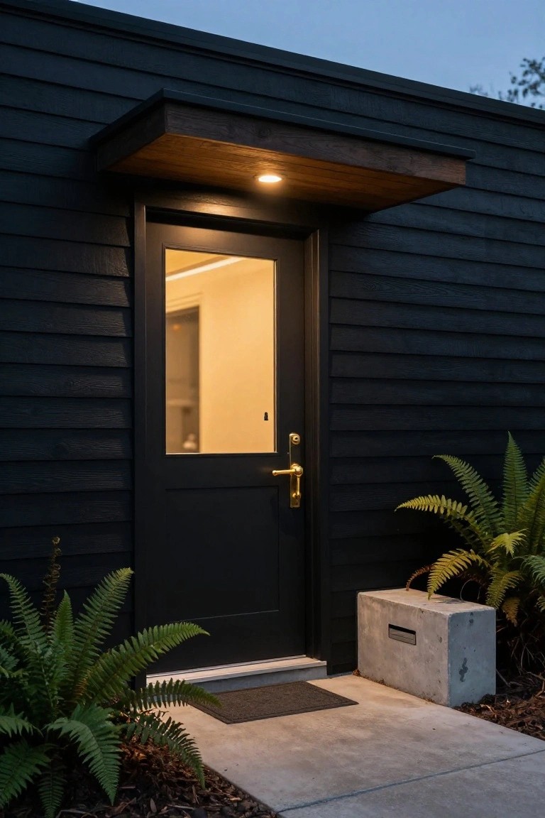 Black front door with vertical glass panel on dark shingled house exterior under wooden overhang, with ferns, concrete mailbox, and path at dusk.
