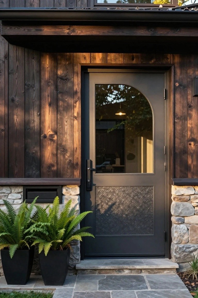 Black metal front door featuring an arched glass upper panel and etched screen lower panel, framed by dark wood siding, stone foundation, black lantern light, and two potted ferns on a stone pathway.