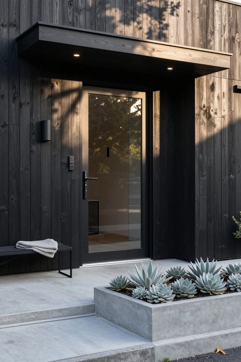Black charred wood siding on a modern house exterior with a glass front door under a flat overhang, agave plants in a concrete planter box, a metal bench with a blanket, and concrete steps.
