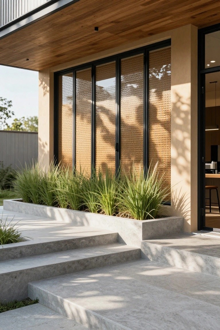 Modern house exterior with wide gray concrete steps leading to a black-framed glass door, flanked by raised concrete planters filled with tall green grasses, bamboo screens on sliding glass panels, wood ceiling overhang, and beige stucco wall.