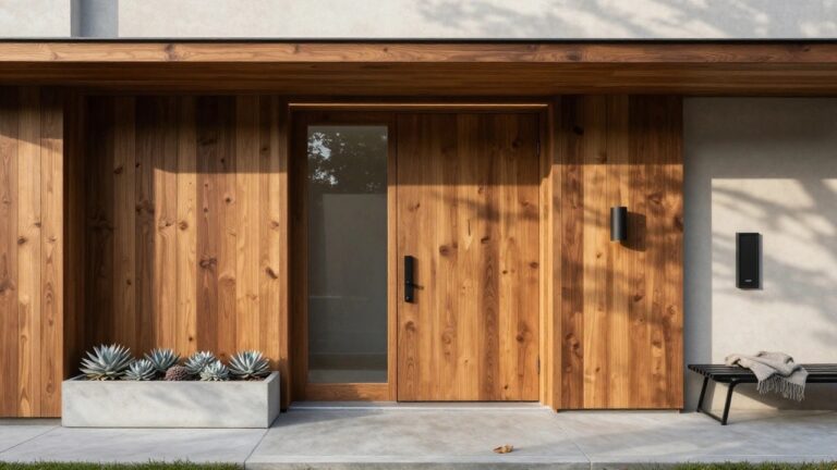 Black charred wood siding on a modern house exterior with a glass front door under a flat overhang, agave plants in a concrete planter box, a metal bench with a blanket, and concrete steps.