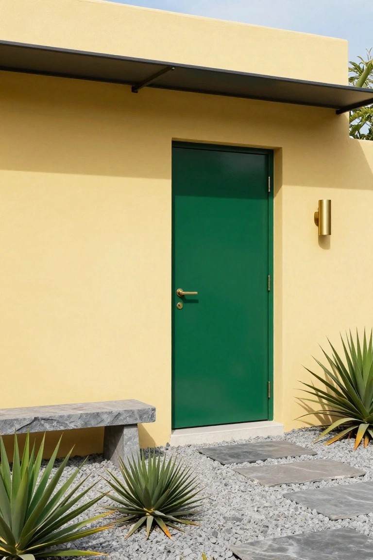 Mustard yellow stucco wall with a green metal front door, gold wall light and handle, gray stone bench, agave plants, gravel ground cover, and stone pavers.