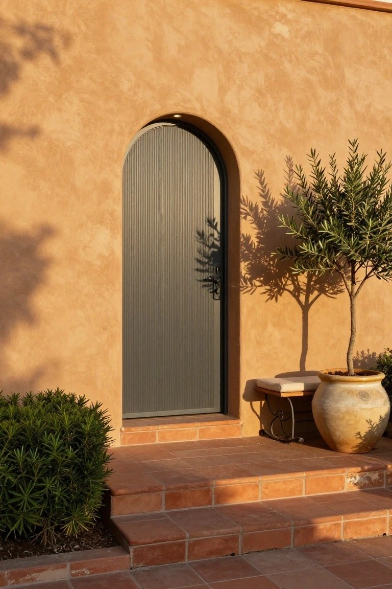 Terracotta stucco exterior wall with a dark gray vertically slatted arched front door, red brick steps, potted olive tree casting shadows, wooden bench, large terracotta pot, and boxwood shrubs.