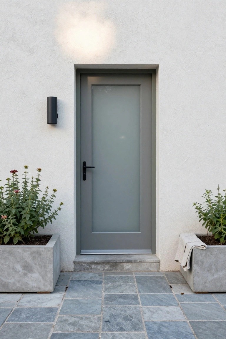 Gray front door with black handle set in a white stucco wall, flanked by two concrete planters with flowering plants, black wall light to the left, and blue-gray stone tiled path in front.
