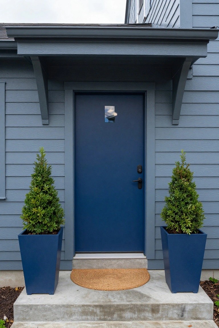 Navy blue front door on a light blue-gray house under a covered porch, flanked by two matching navy blue tapered pots containing trimmed evergreen shrubs, with a round beige seagrass doormat on concrete steps.